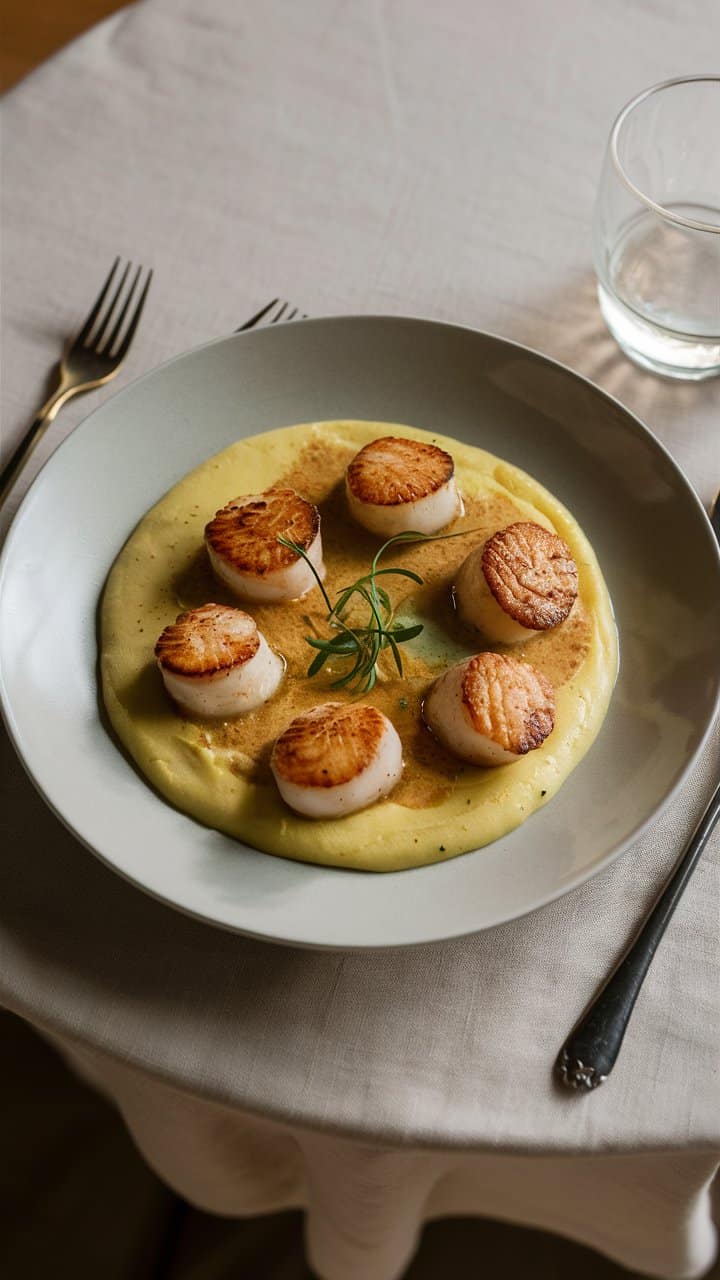 Coquilles Saint-Jacques sur purée, présentation élégante.