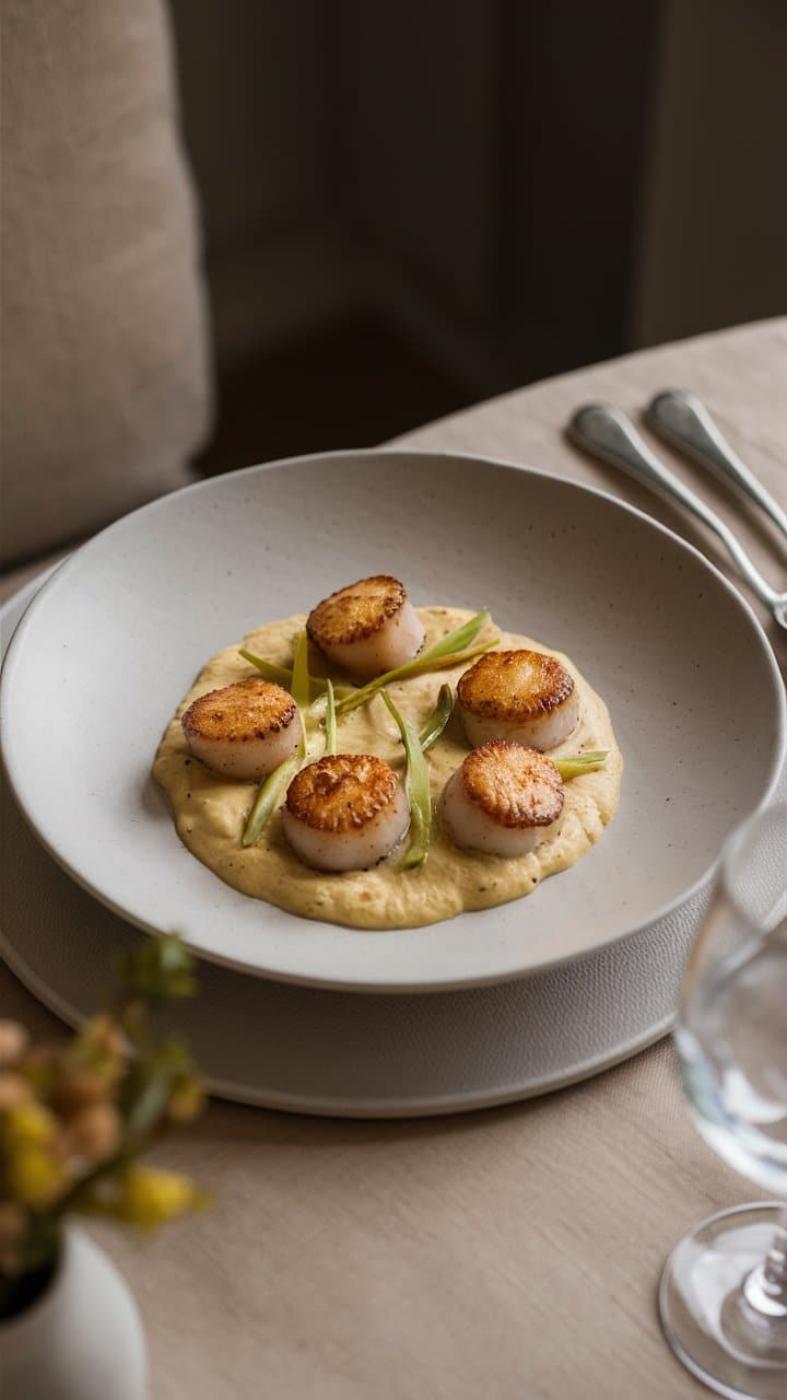 Coquilles Saint-Jacques sur purée crémeuse, présentation élégante.