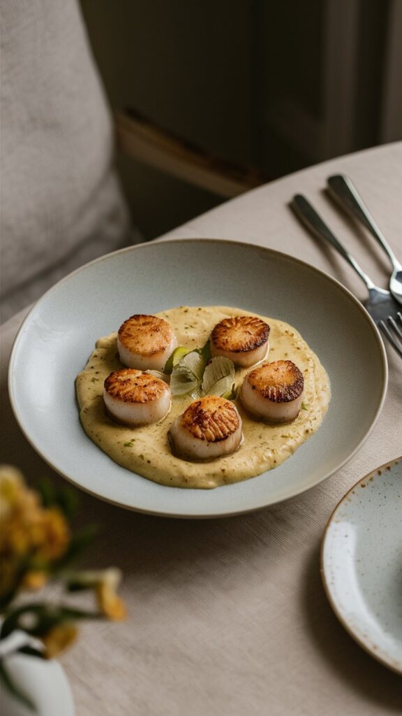 Saint-Jacques grillées sur purée crémeuse.