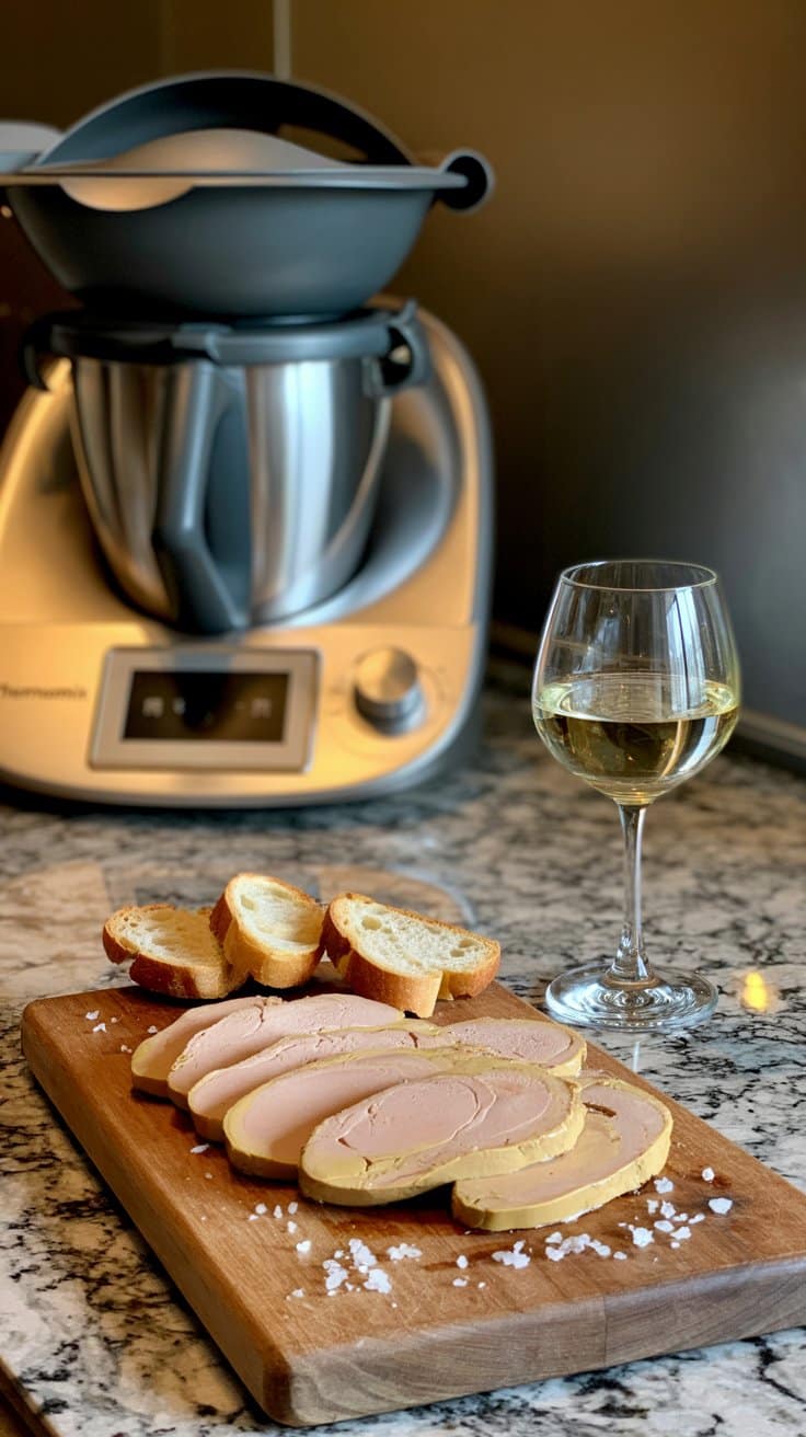 Foie gras, pain, vin blanc, robot de cuisine.