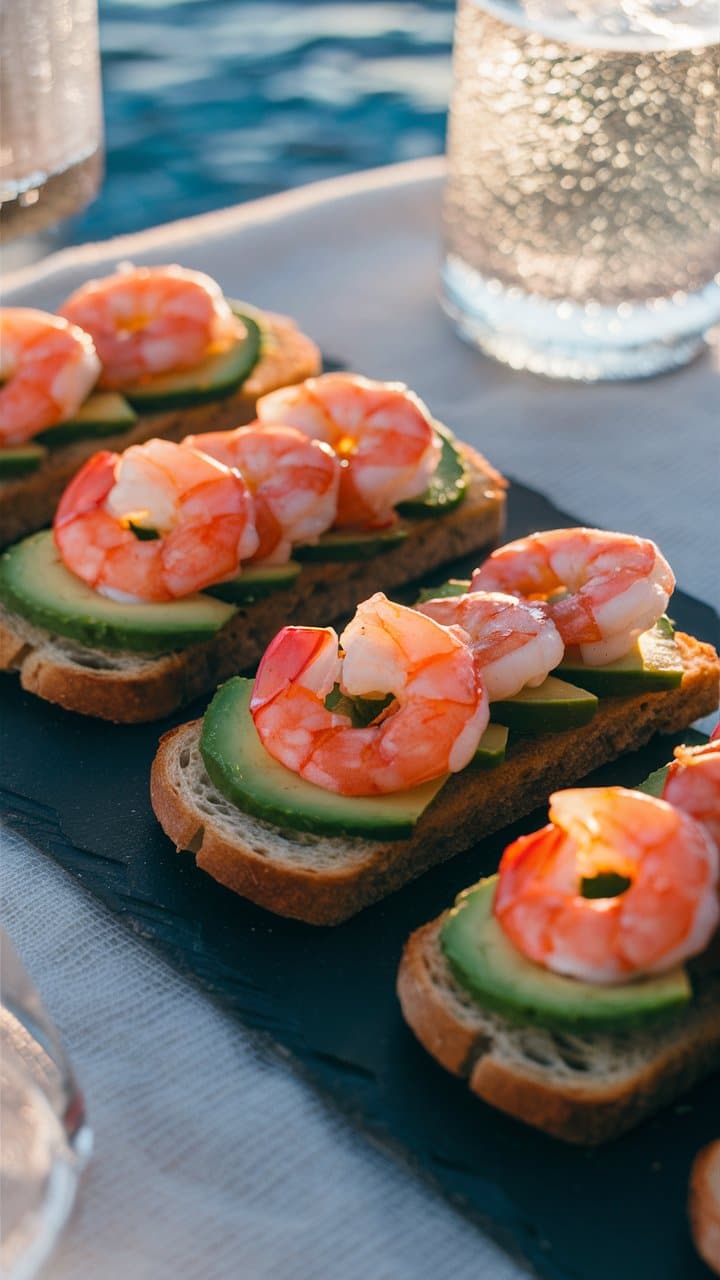 Tartines avocat crevettes sur table extérieure.