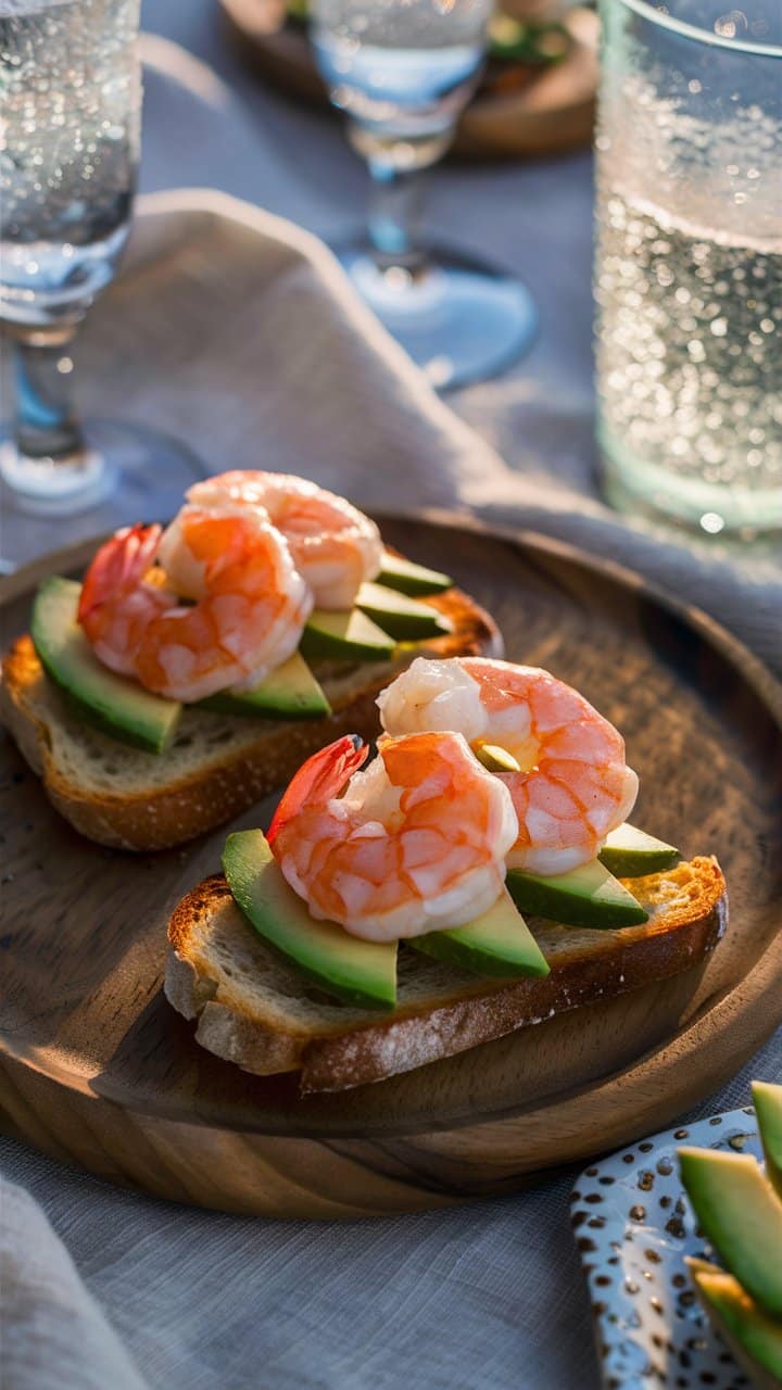 Tartines d'avocat et crevettes sur assiette en bois.