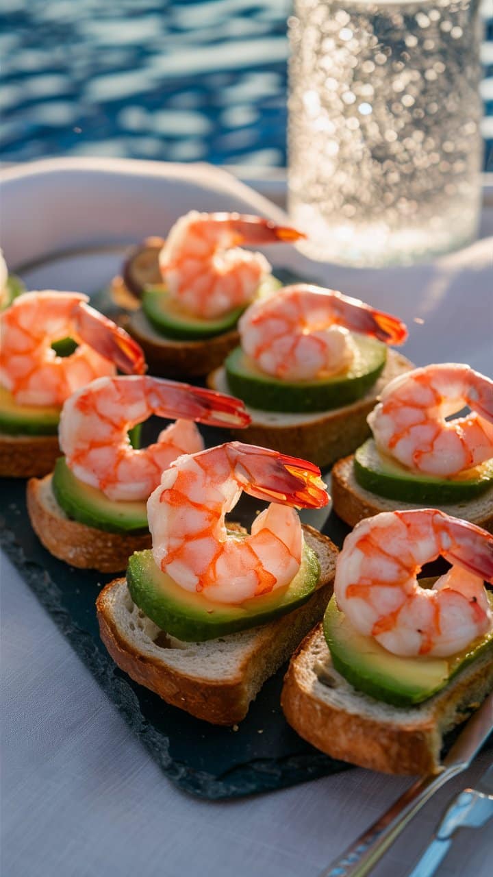 Tartines de crevettes et avocat sur assiette.
