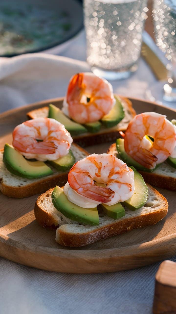 Tartines d'avocat et crevettes sur plateau.
