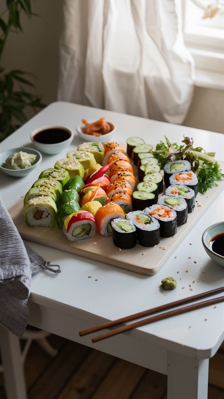 Assortiment de sushis sur une table.