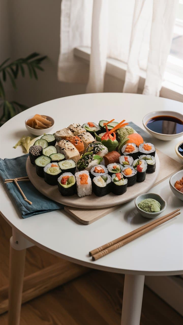 Assortiment de sushis sur une table.