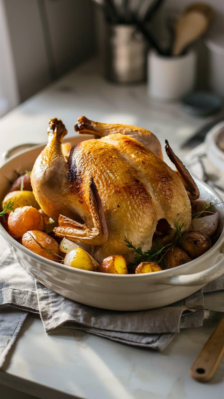 Poulet rôti avec pommes de terre au four.