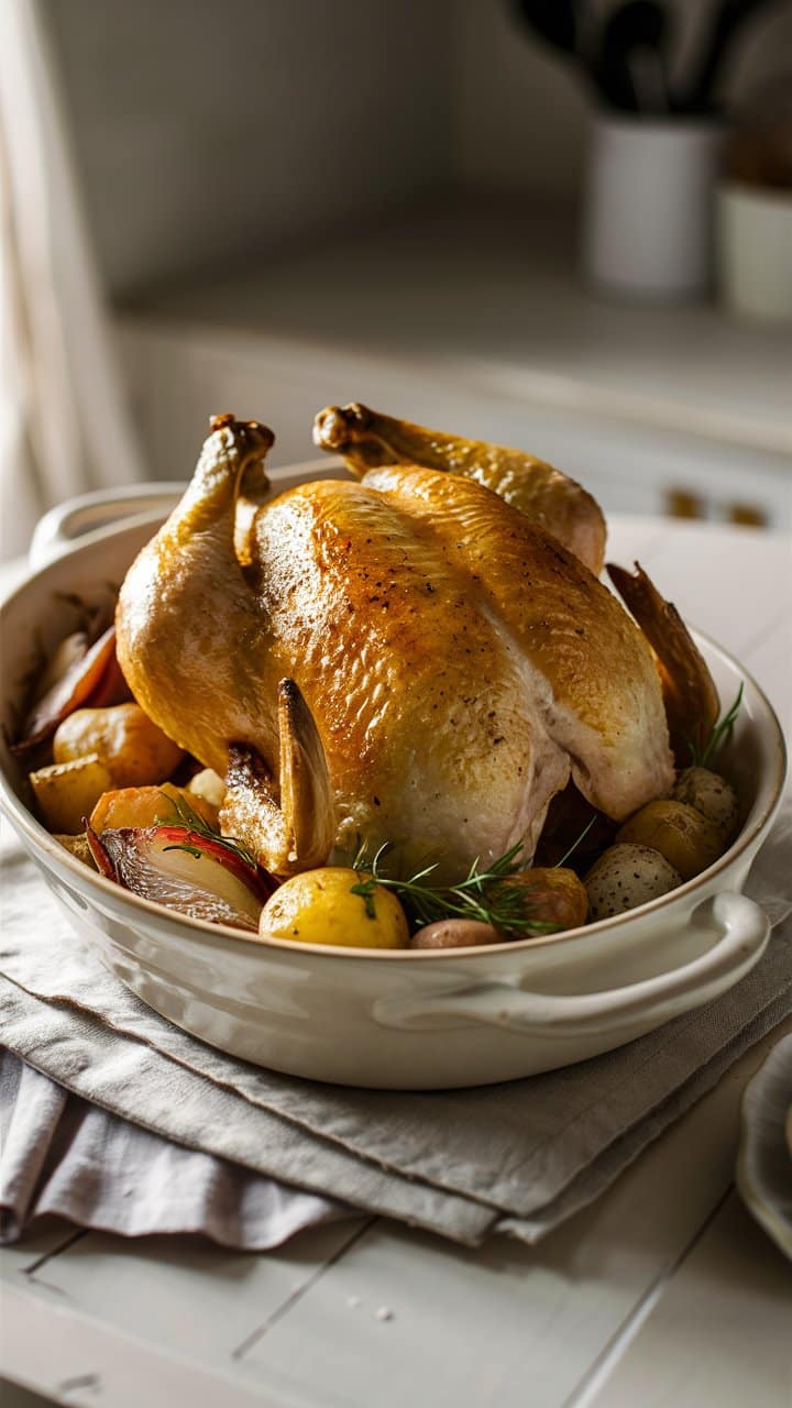 Poulet rôti avec pommes de terre et légumes.