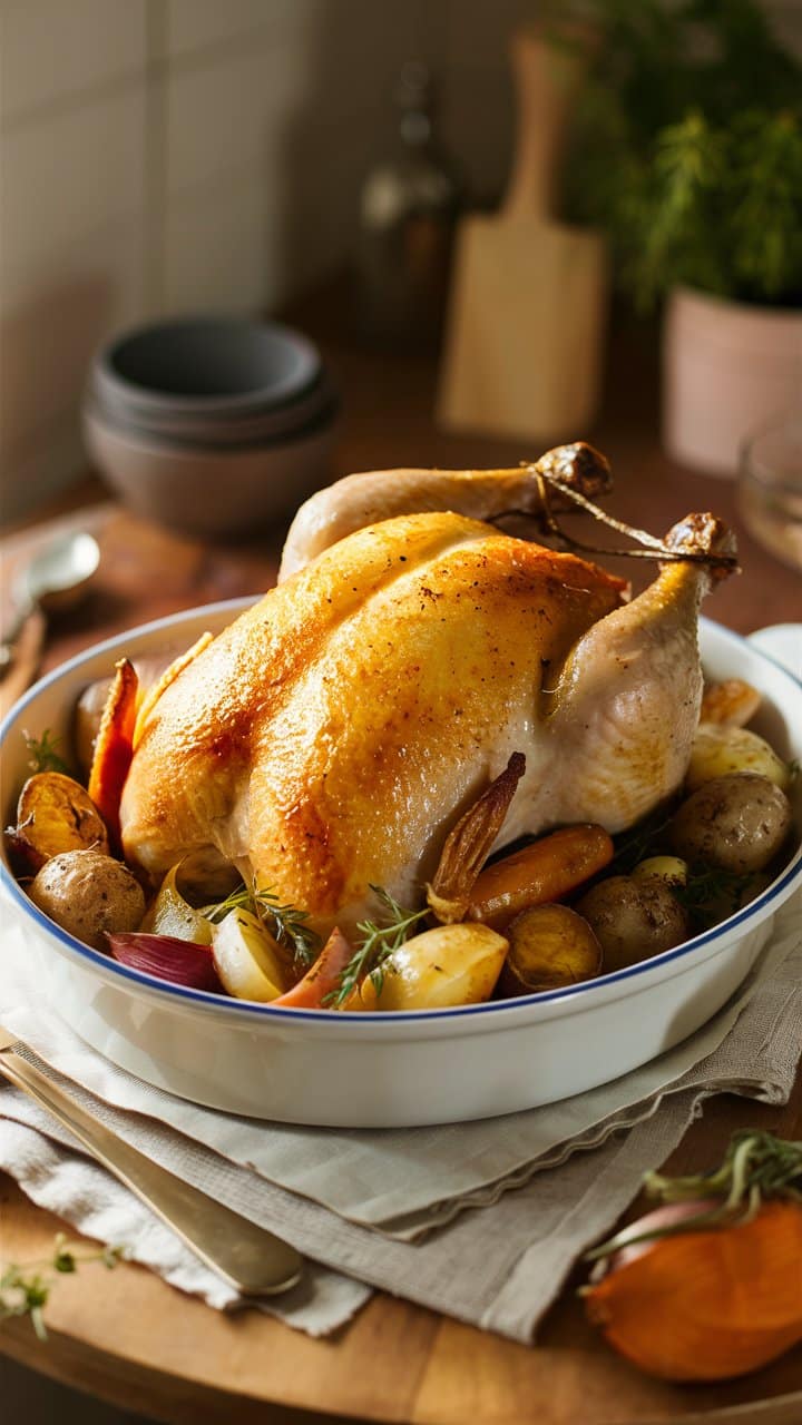Poulet rôti avec légumes dans un plat.