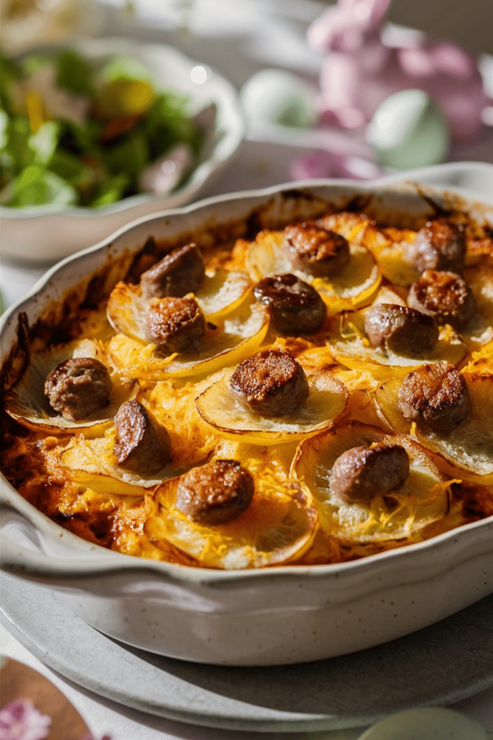 Gratin de pommes de terre avec saucisses grillées.