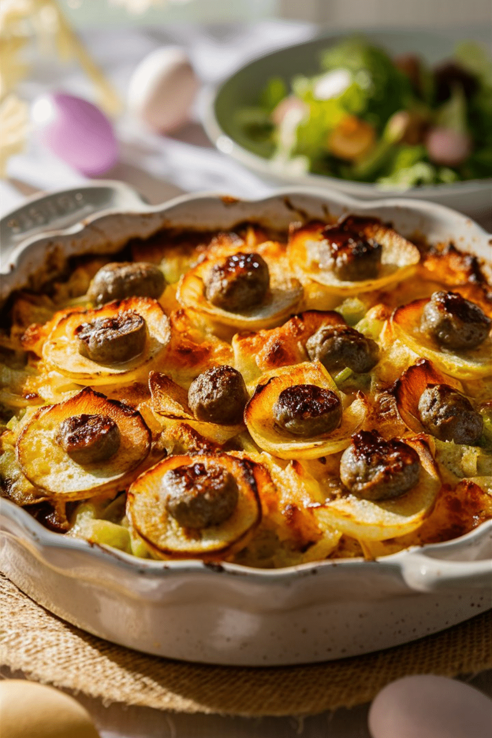 Gratin de pommes de terre et saucisses au four.