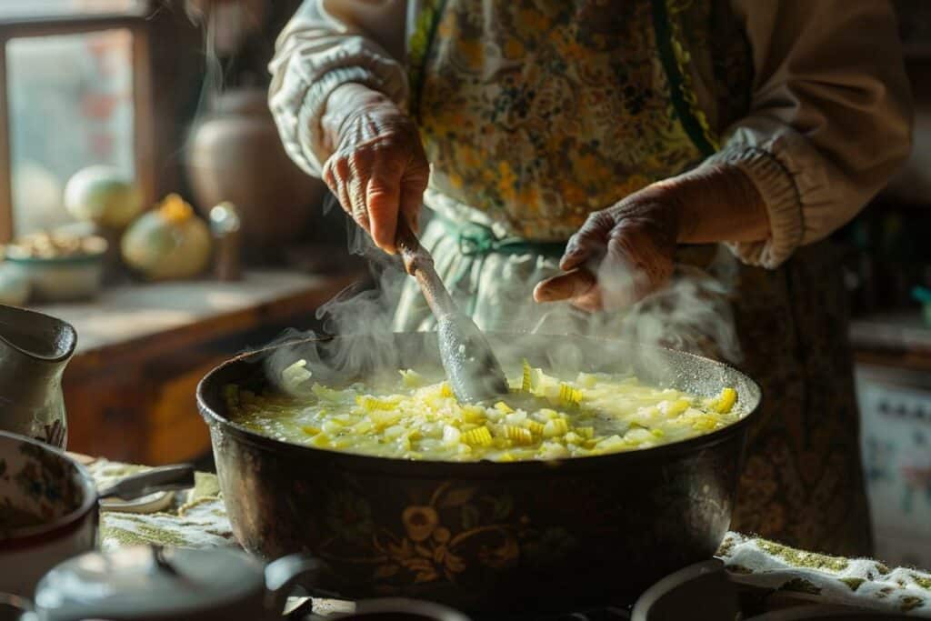 Recette traditionnelle de potage de grand-mère aux poireaux et muscade