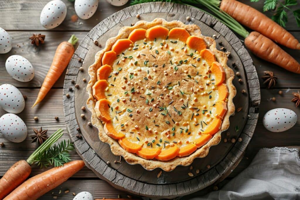 Recette de tarte pascale douce aux carottes et noix de muscade facile et rapide.