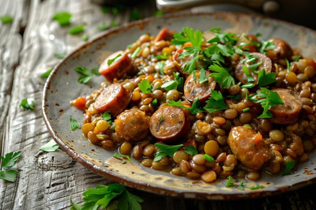 Saucisses aux lentilles : recette rustique pour un confort traditionnel de grand-mère