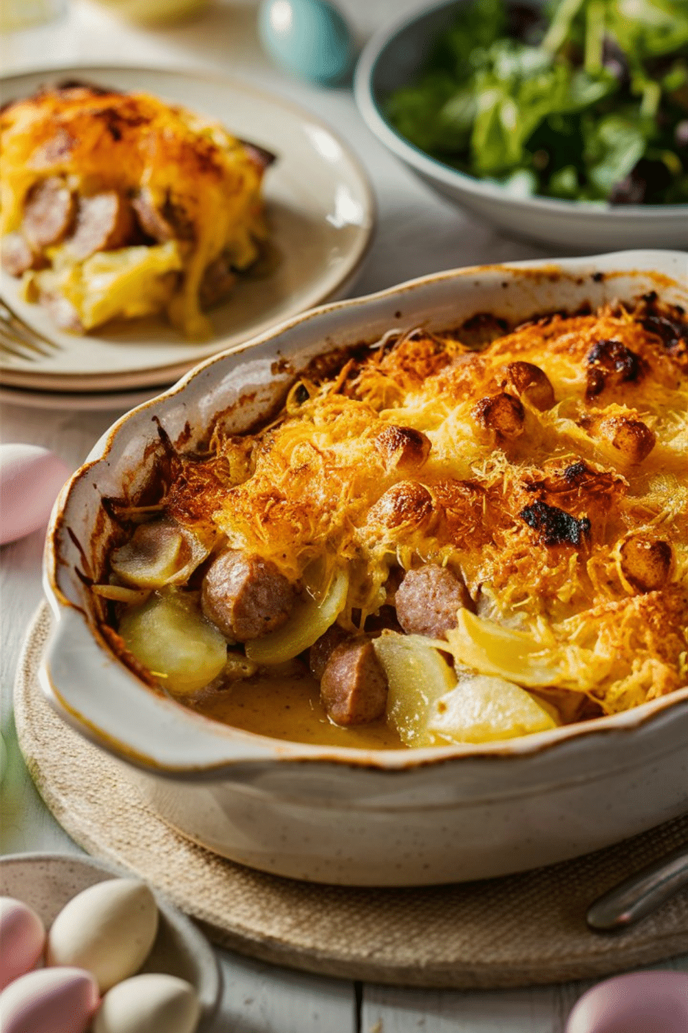 Gratin de pommes de terre et saucisses, salade verte.