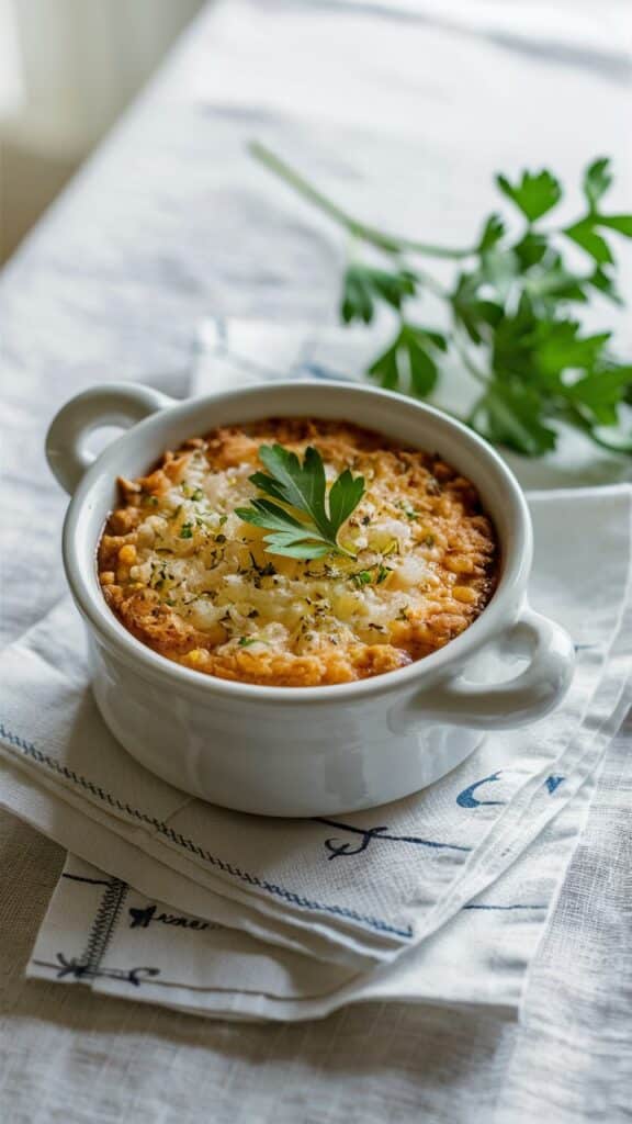 Gratin crémeux avec persil dans ramequin blanc.