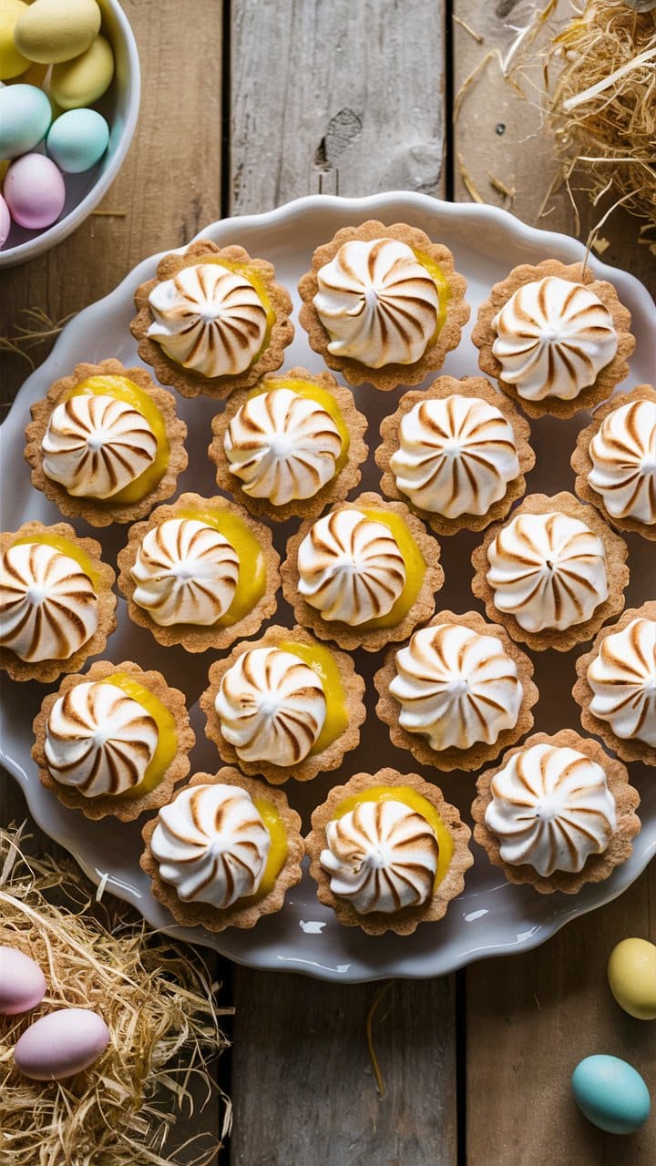 Tartelettes meringuées au citron sur plateau.