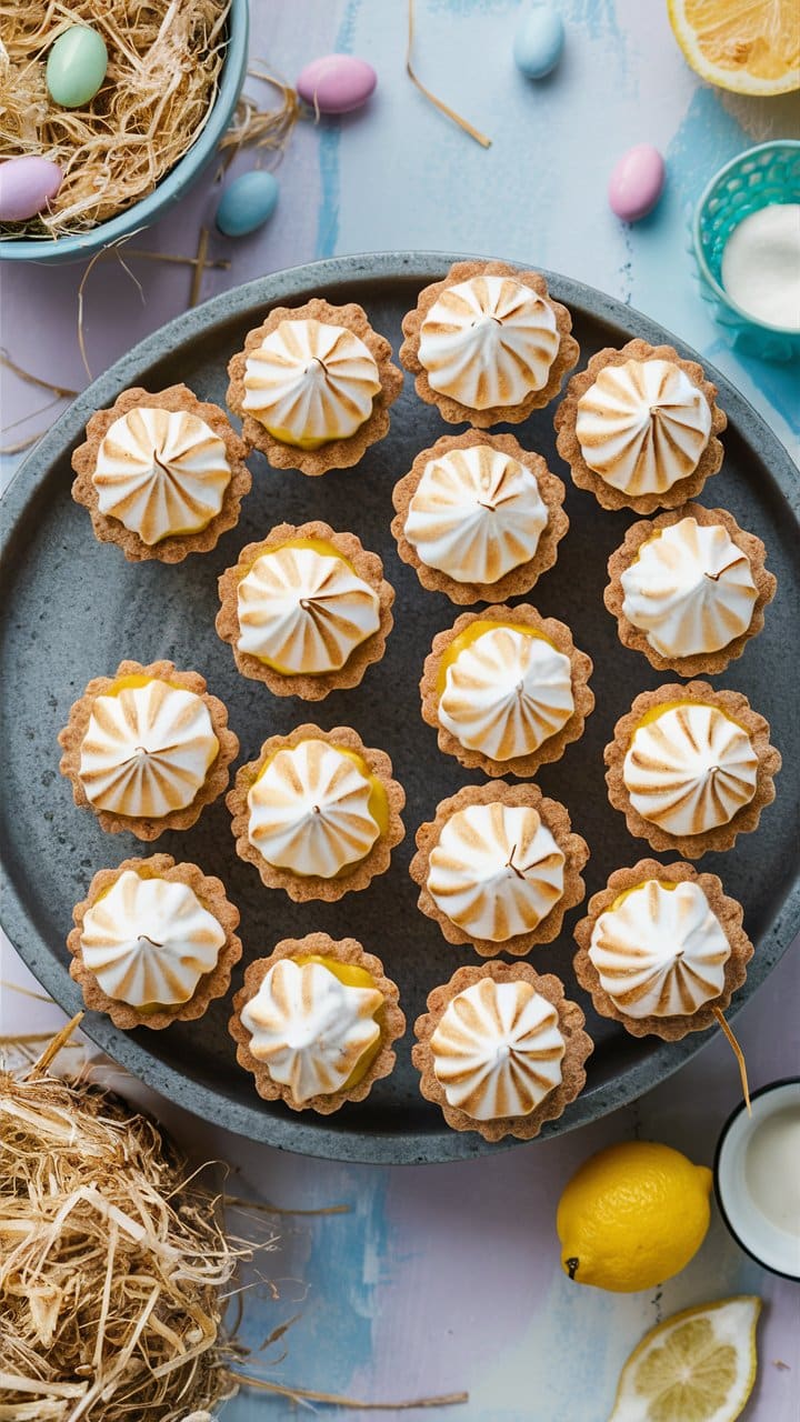 Tartelettes au citron meringuées sur plateau.