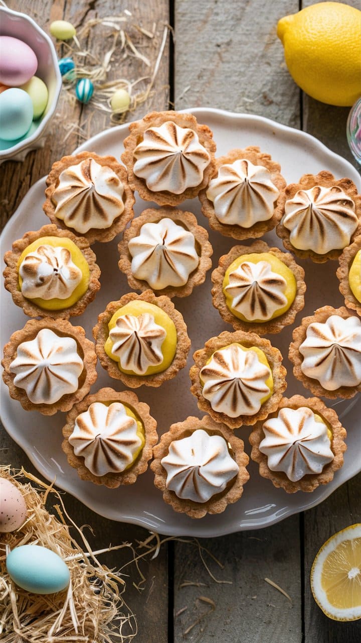 Tartelettes au citron meringuées sur assiette blanche.