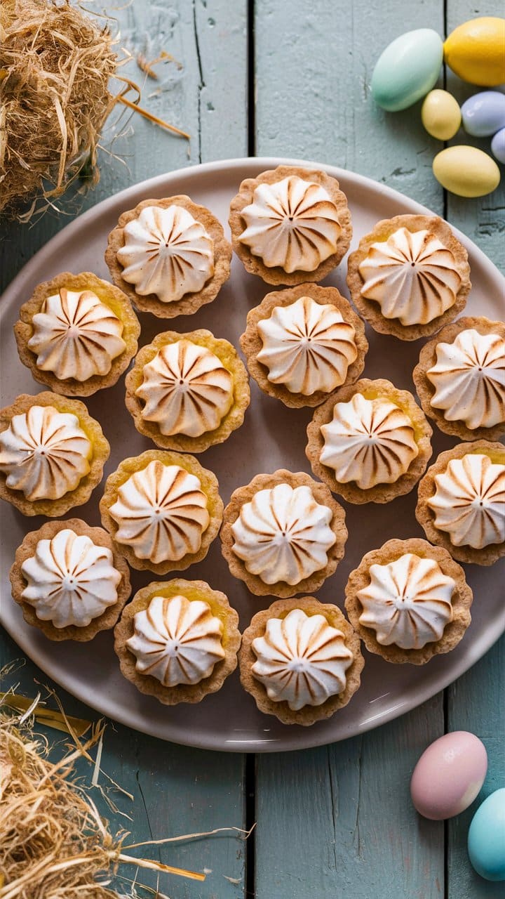 Tartelettes meringuées sur une assiette avec oeufs colorés.