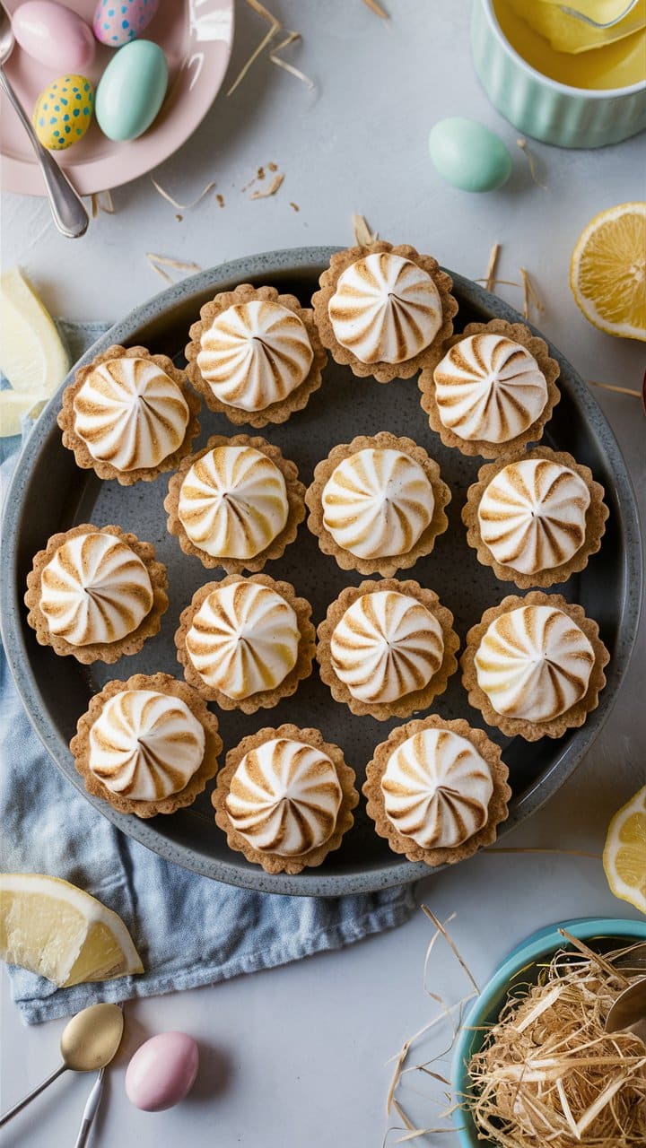 Mini tartes au citron meringuées sur plateau.