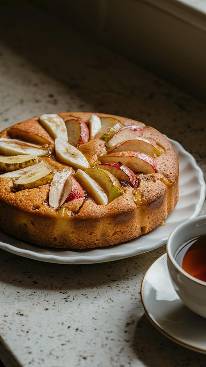 Tarte aux pommes avec tasse de thé.
