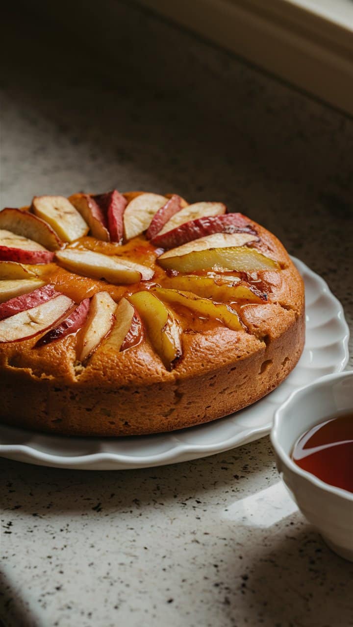 Gâteau aux pommes sur assiette blanche.