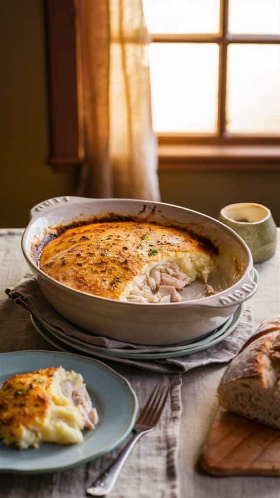Gratin de pommes de terre et poisson, plat complet.