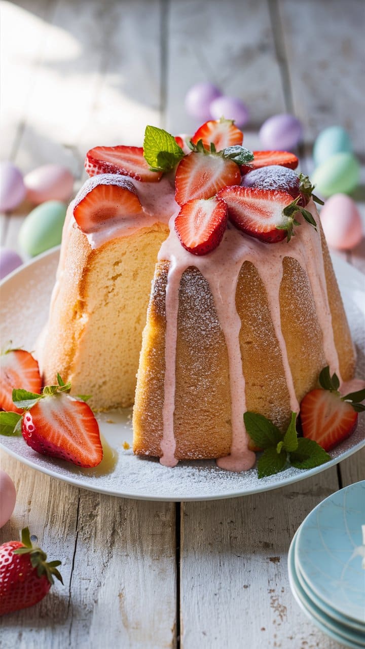 Gâteau avec glaçage rose et fraises fraîches.