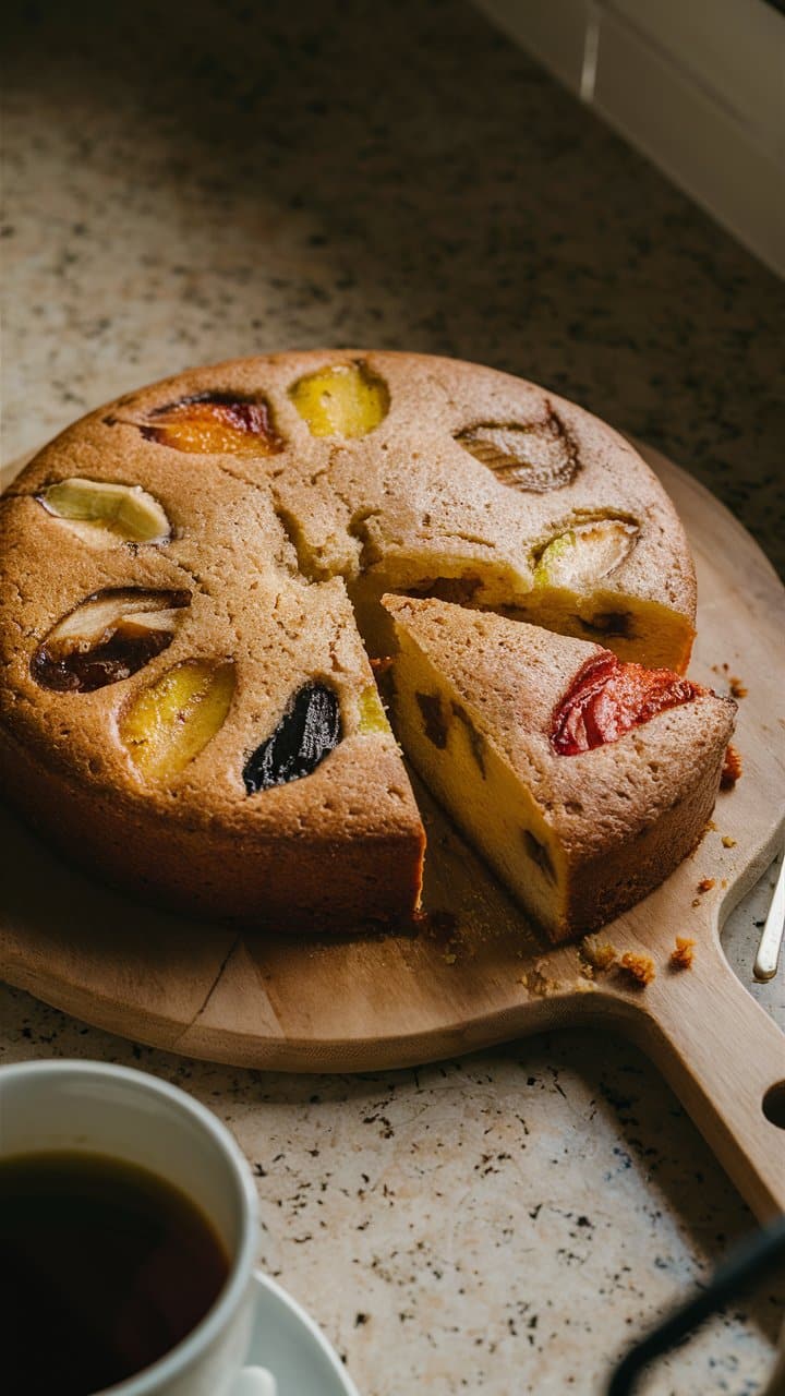 Gâteau aux fruits avec une part retirée.