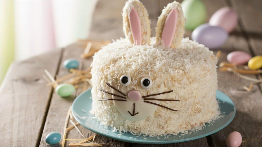 Gâteau lapin avec œufs de Pâques colorés.