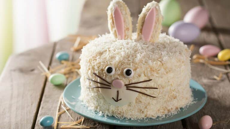 Gâteau lapin avec œufs de Pâques colorés.