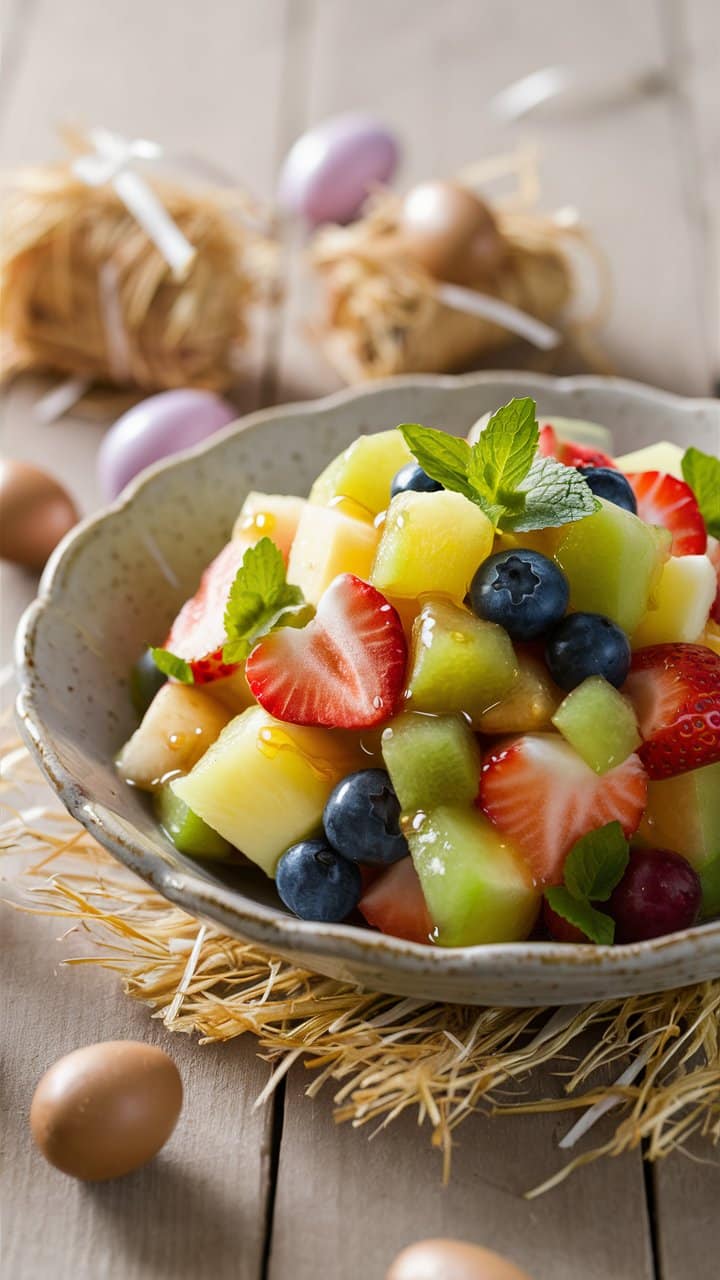 Salade de fruits frais colorée sur table en bois.