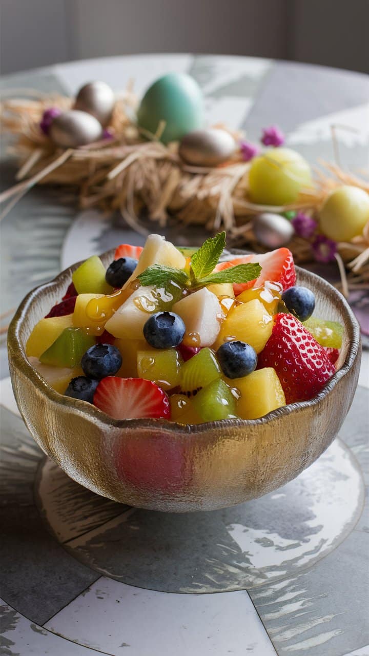 Salade de fruits frais avec feuille de menthe.