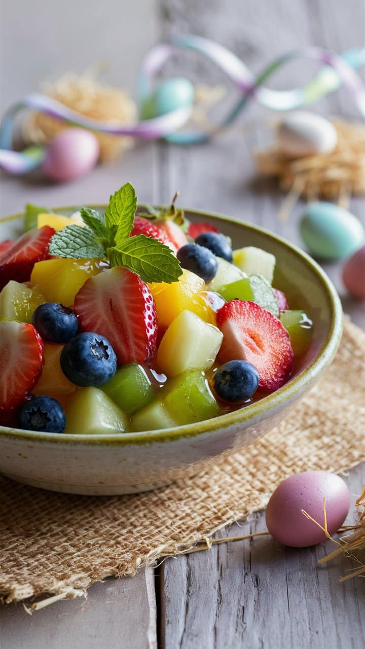 Salade de fruits colorée avec fraises, myrtilles, melon.