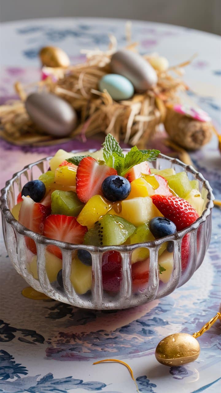 Salade de fruits colorée dans un bol.