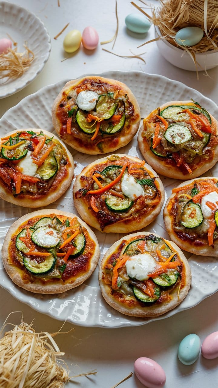 Mini-pizzas aux légumes et mozzarella sur assiette blanche.