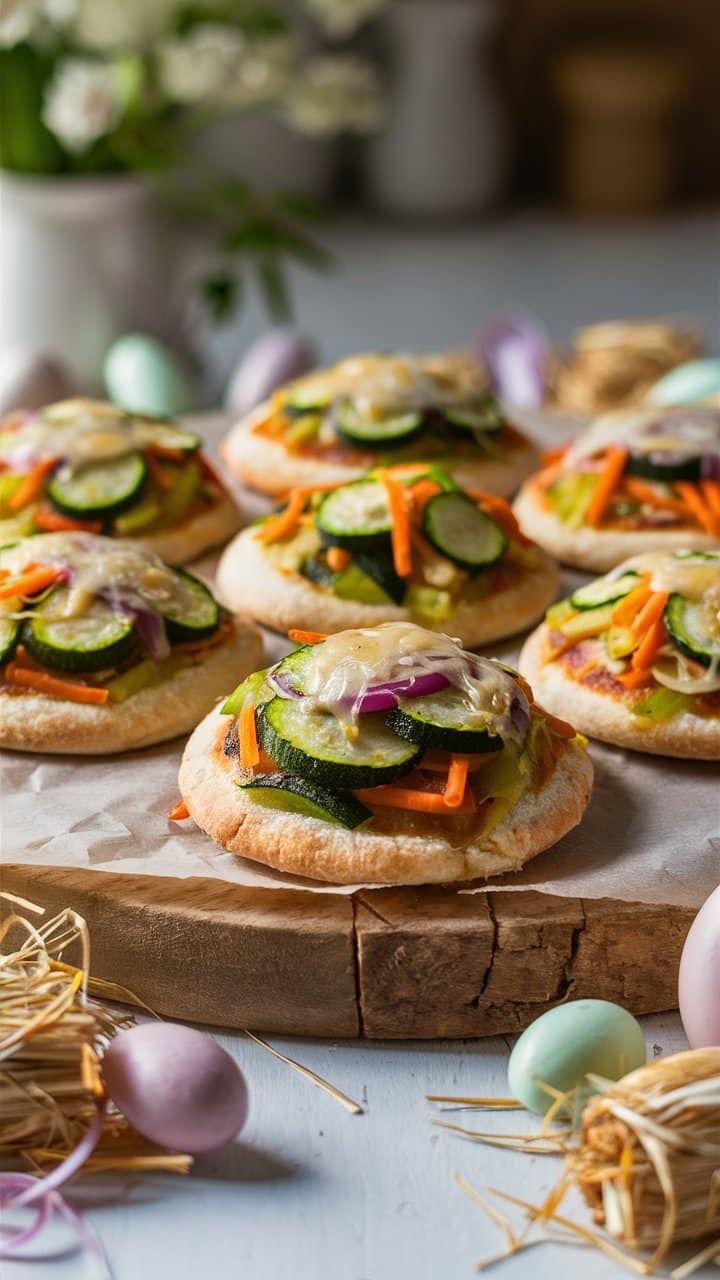 Mini-pizzas aux légumes et fromage sur plateau.