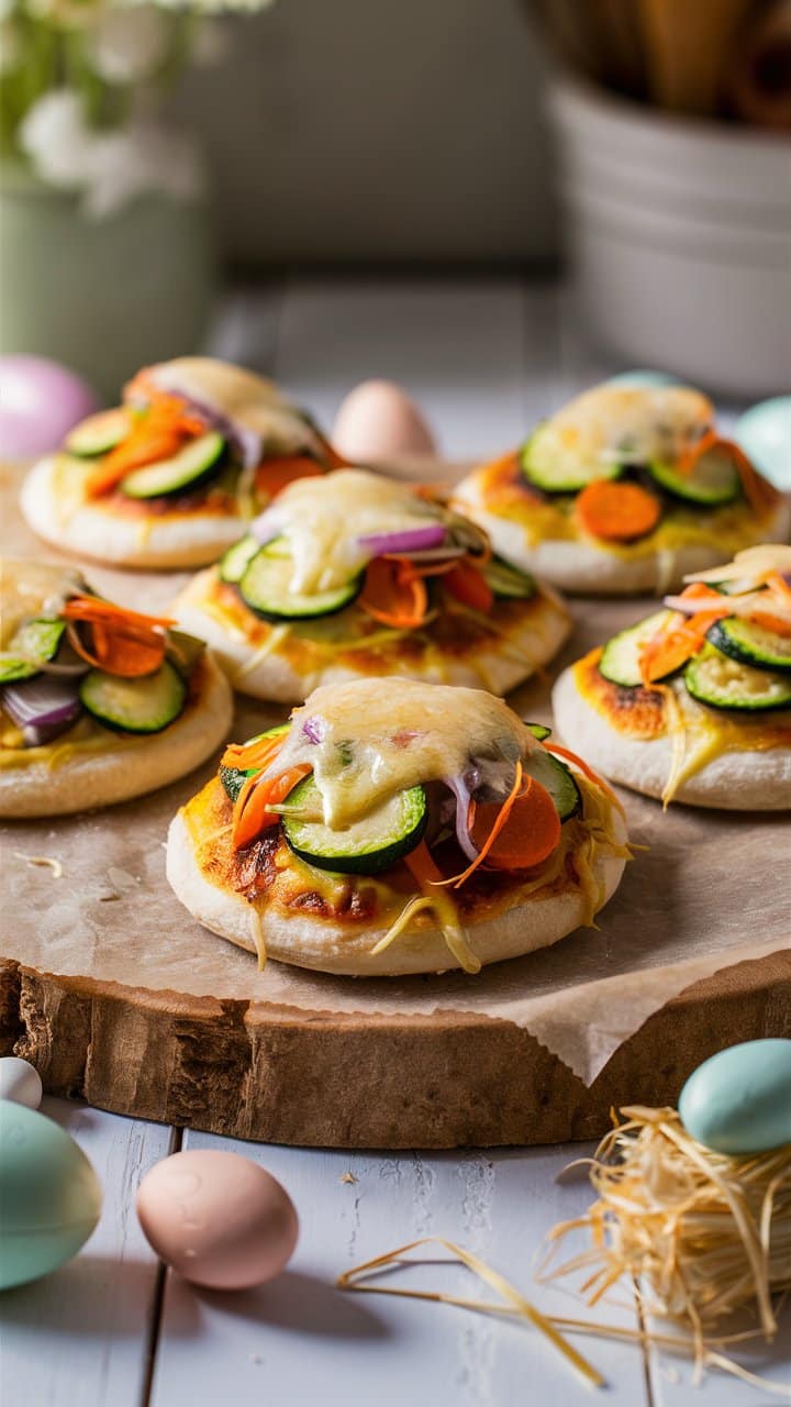 Mini-pizzas aux légumes sur planche en bois.