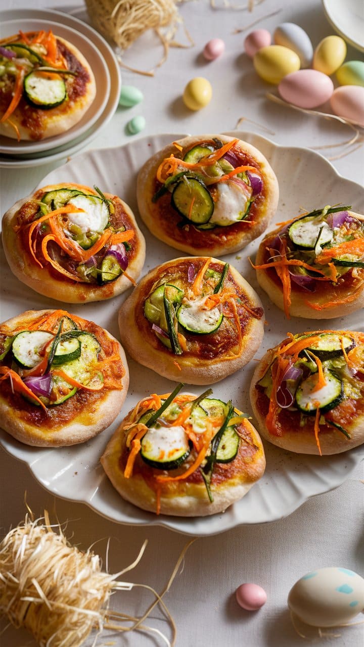 Mini pizzas aux légumes printaniers décorées d'œufs colorés.