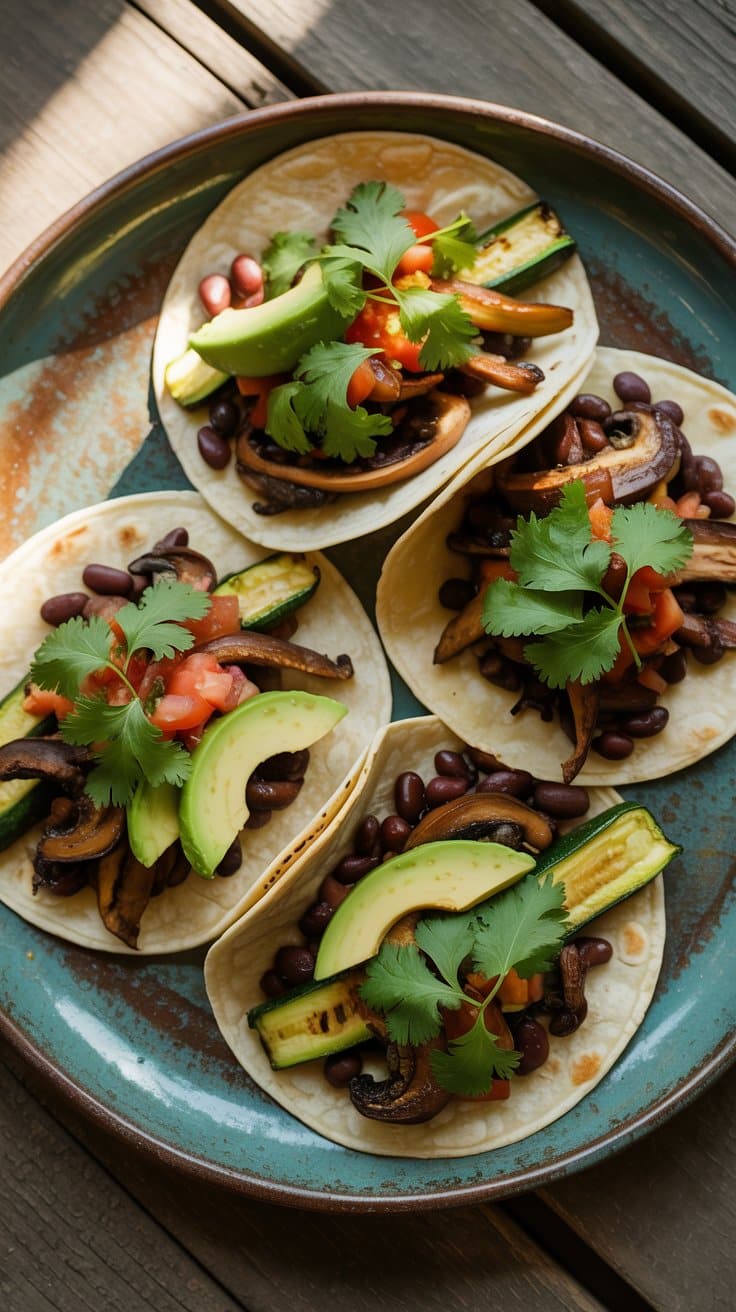 Tacos végétariens garnis d'avocat et légumes.