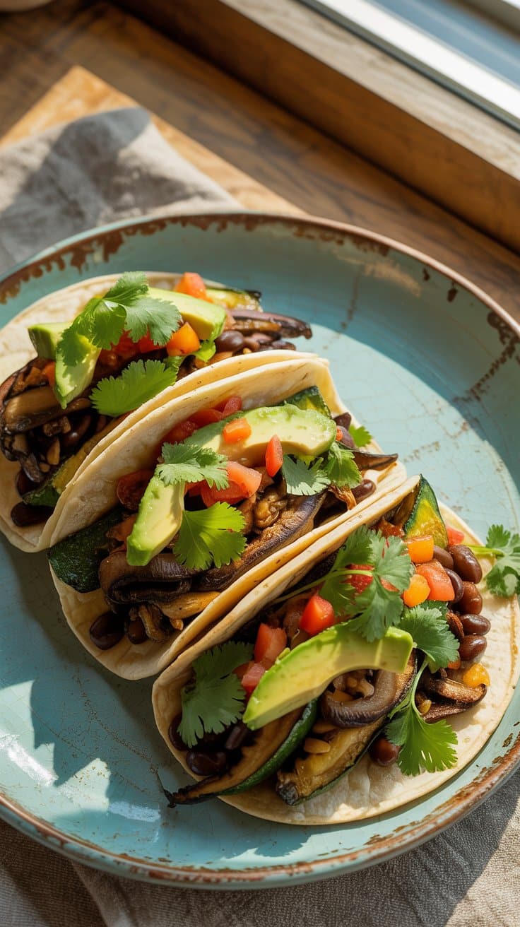 Tacos aux légumes grillés et avocat sur assiette bleue.