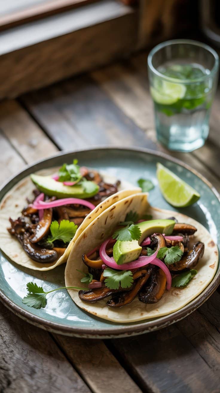Tacos végétariens aux champignons et avocat.