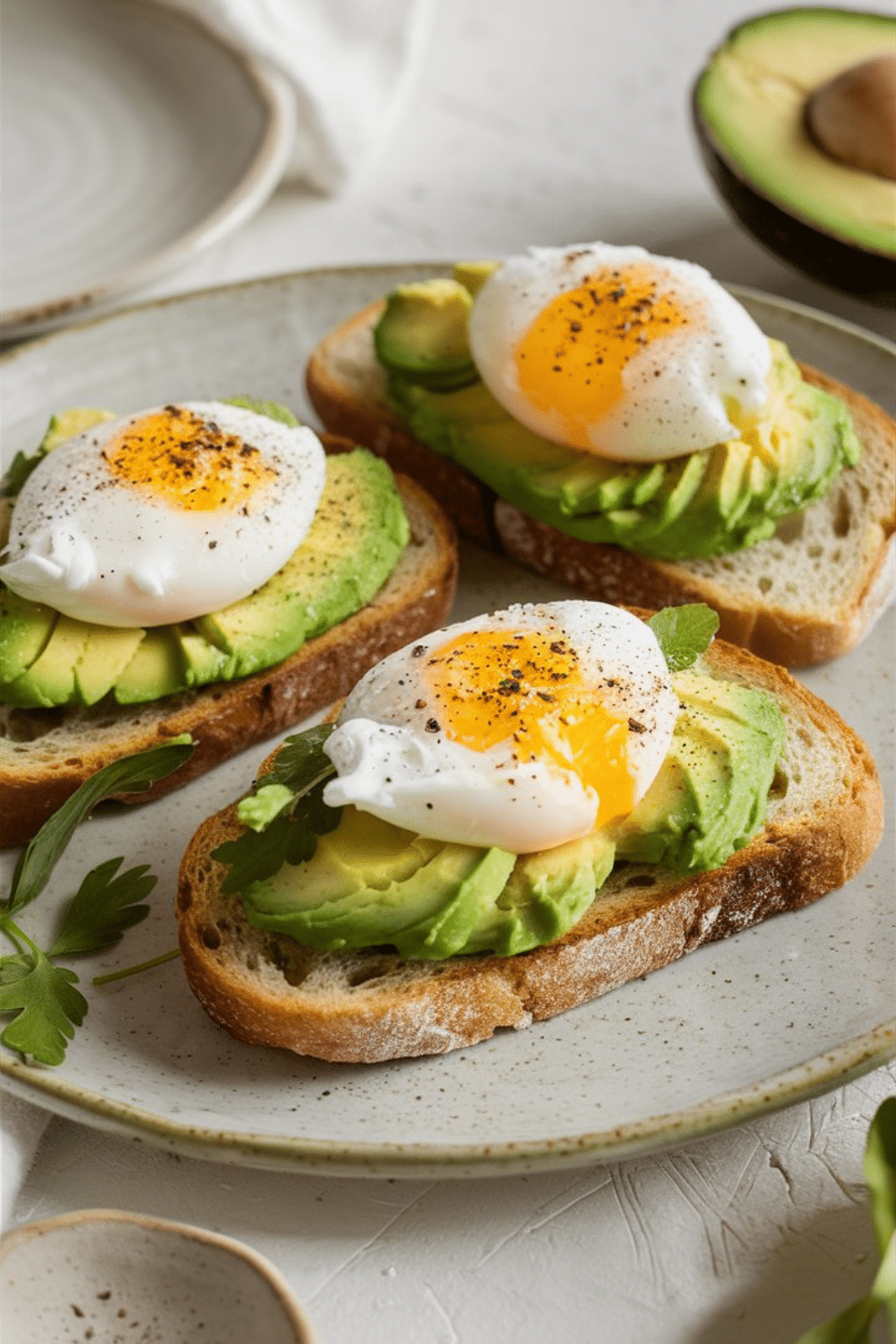 Tartines avocat oeuf poché sur assiette.