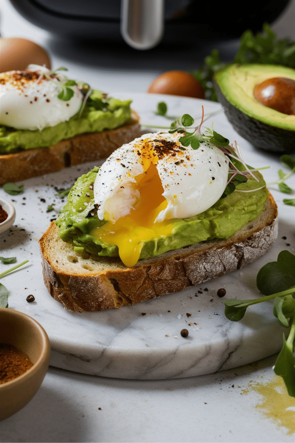 Toast avocat avec œuf poché et herbes.