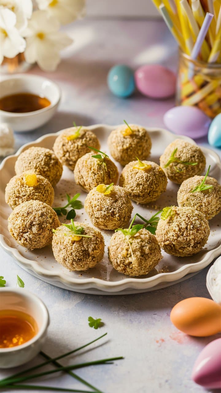 Boulettes apéritives aux herbes sur assiette blanche.