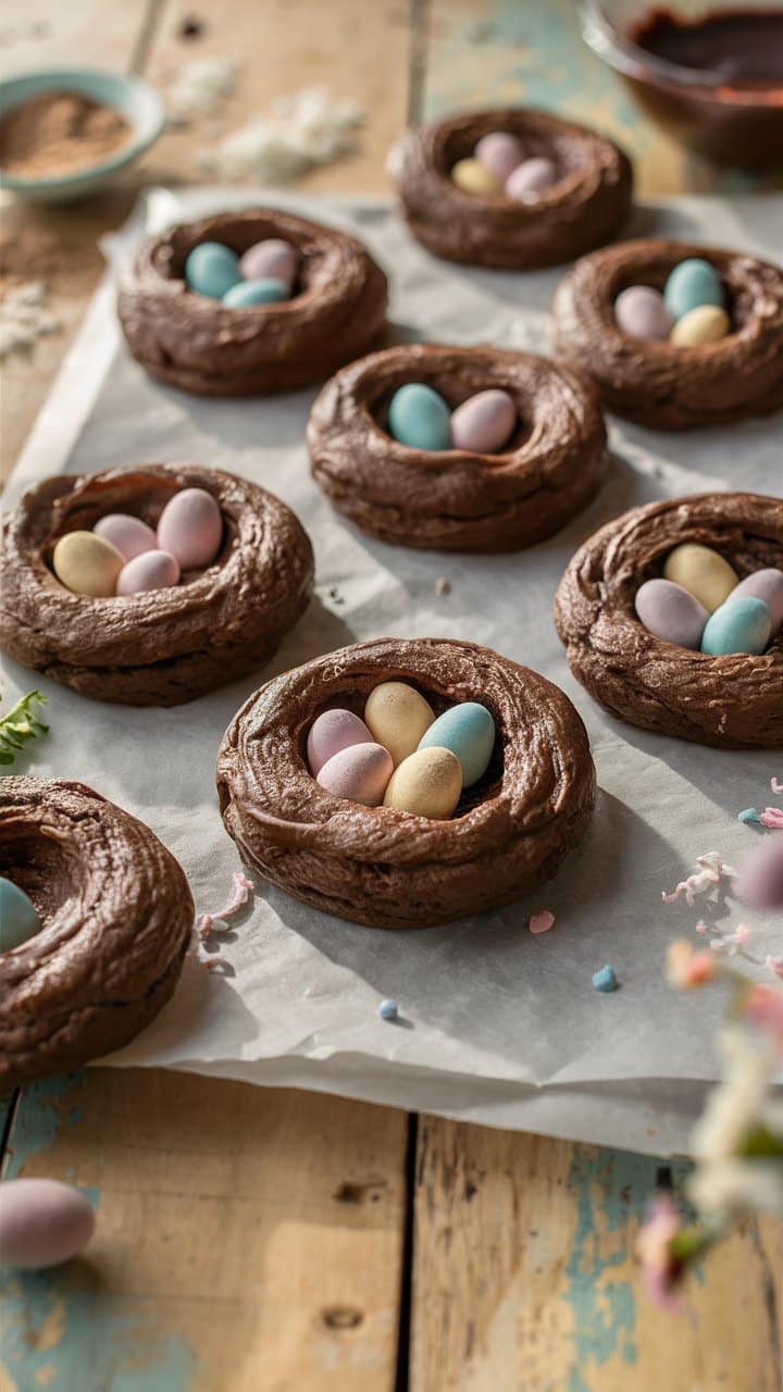 Nids chocolat avec œufs colorés sur papier cuisson.