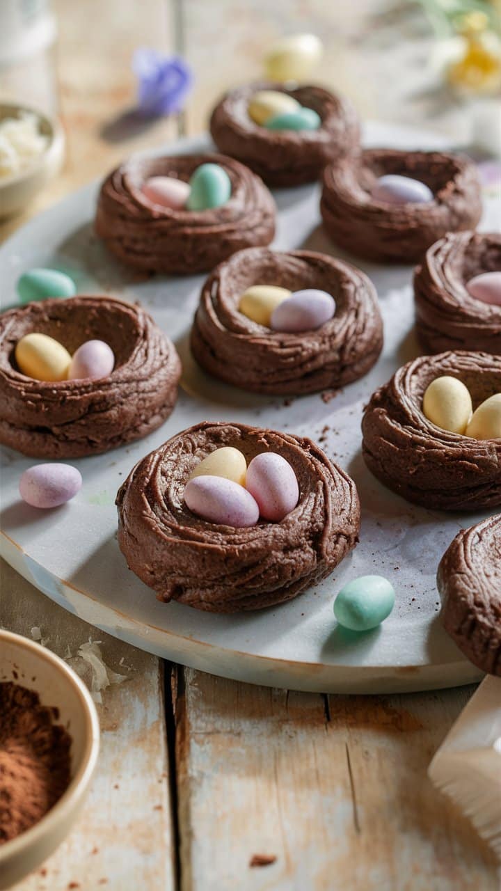 Nids de chocolat avec œufs de Pâques colorés.