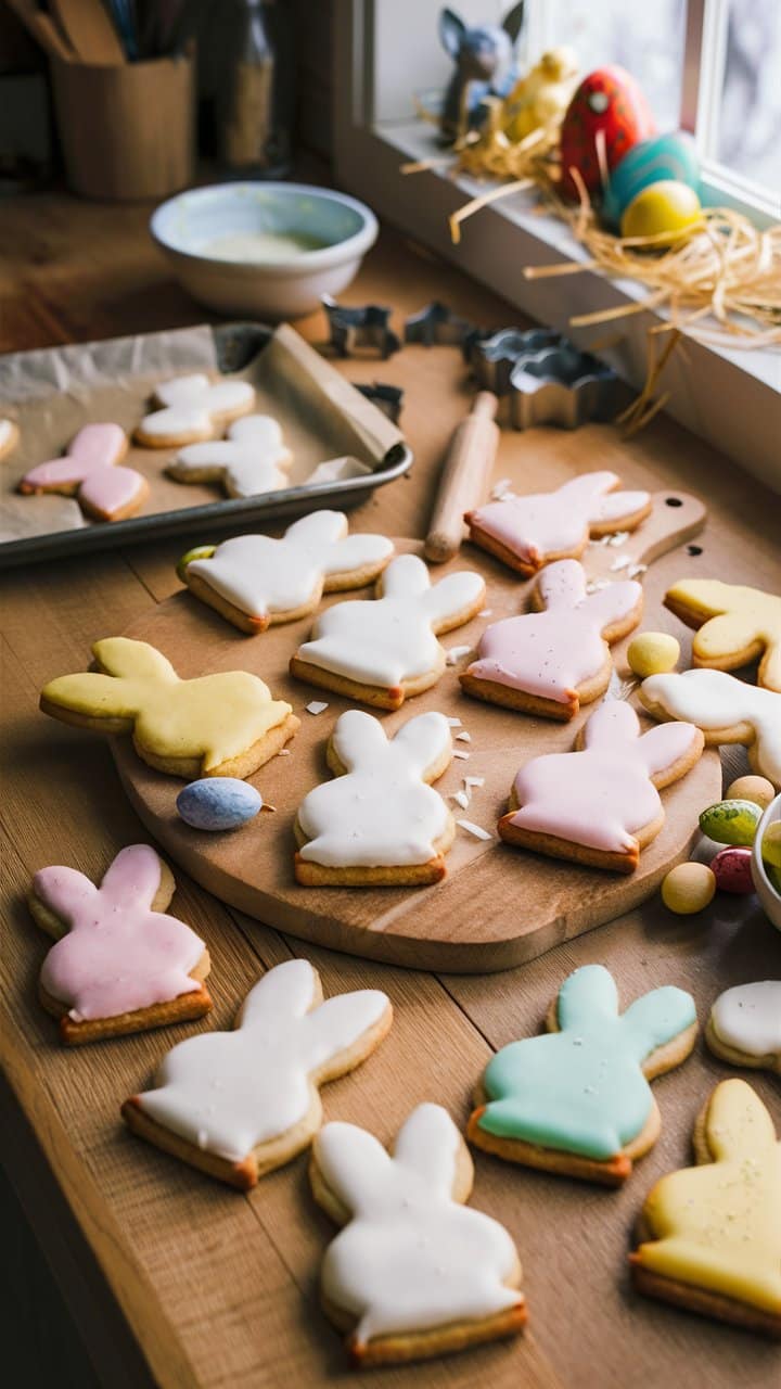 Biscuits lapin colorés sur plan de travail.
