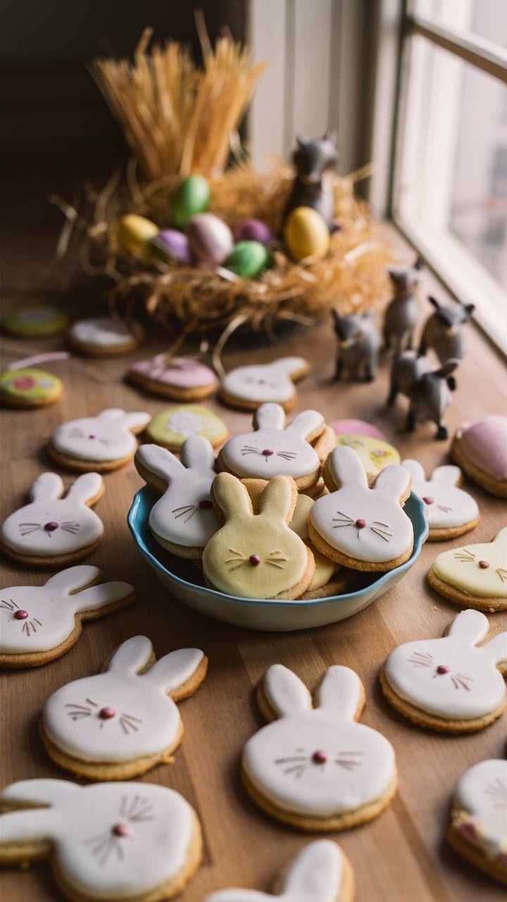 Biscuits lapin décorés pour Pâques sur table en bois.
